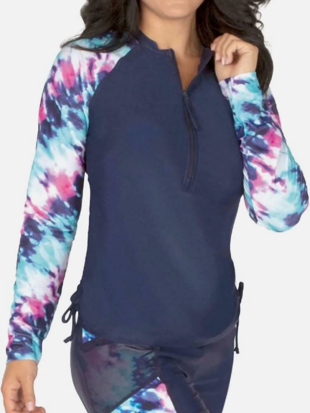 Free Country swim shirt rash guard navy tie dye blue pink large beach zip